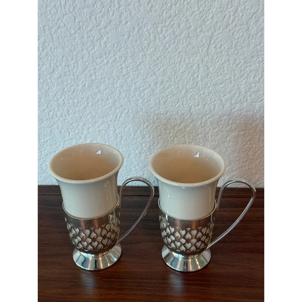 Vintage Gorham PAIR Silver Plated‎ Irish Coffee Mugs Porcelain Inserts 4.5